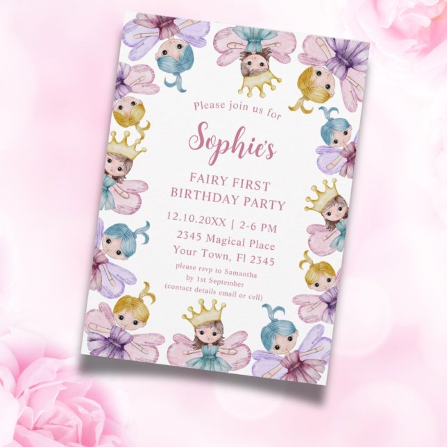 Cute Fairy First Pink Watercolor Birthday  Invitation (Creator Uploaded)