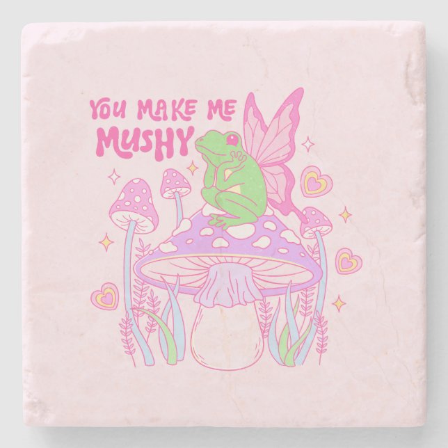 Cute Fairy Frog and Mushroom - You Make Me Mushy Stone Coaster (Front)