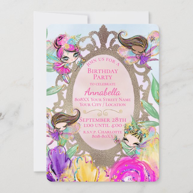 Cute Fairy Garden and Fairies with Magic Mirror Invitation (Front)