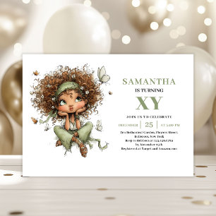 Cute Fairy Girl 5th Birthday Dusty Green Invite