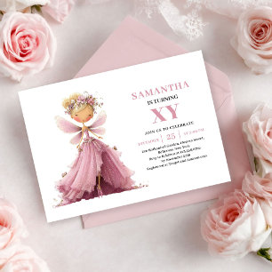 Cute Fairy Girl 5th Birthday Dusty Pink Floral  Invitation