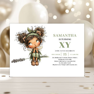Cute Fairy Girl 5th Birthday Greenery Invitation