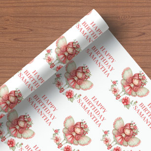 Cute Fairy Girl 5th Birthday Pink Flowers wrapping Paper