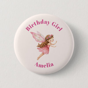 Cute Fairy Girl in a Pink Dress Birthday Girl 6 Cm Round Badge