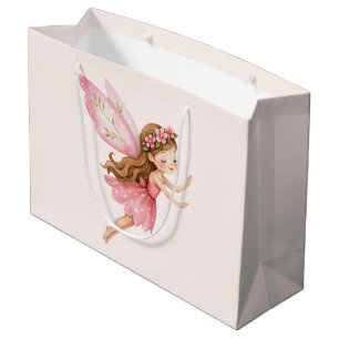 Cute Fairy Girl in a Pink Dress Whimsical Birthday Large Gift Bag