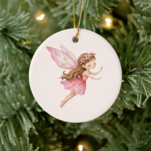 Cute Fairy Girl in a Pink Dress Whimsical Ceramic Tree Decoration