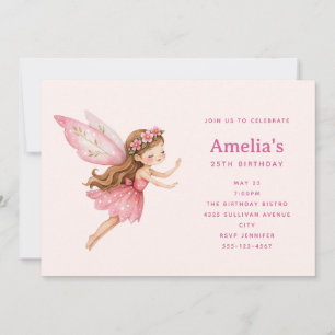 Cute Fairy Girl in Pink Dress Birthday Invitation
