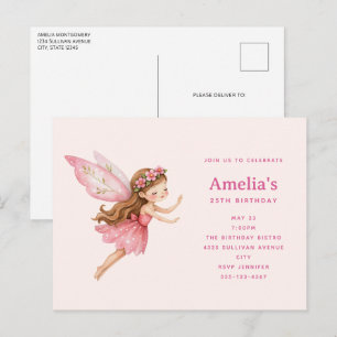 Cute Fairy Girl in Pink Dress Birthday Invitation Postcard