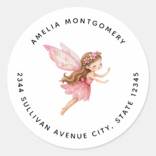 Cute Fairy Girl in Pink Dress Whimsical - Address Classic Round Sticker