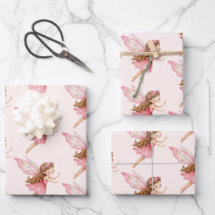 Cute Fairy Girl in Pink Dress Whimsical Pattern Wrapping Paper Sheet