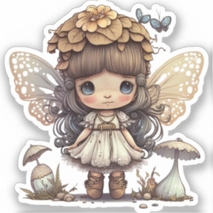 Cute Fairy Girl with Mushroom and Butterflies