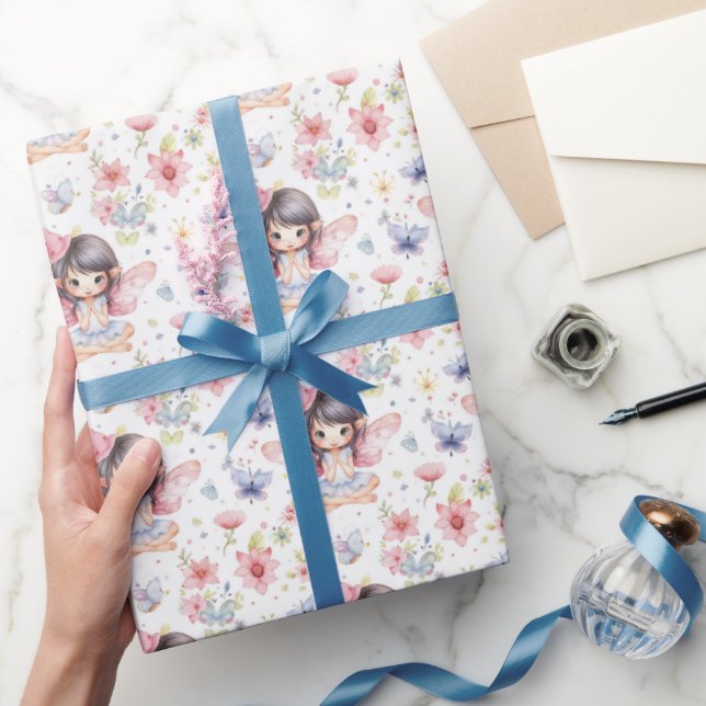 Cute Fairy in Birthday Hat, Flowers, Butterflies Wrapping Paper (Gifting)