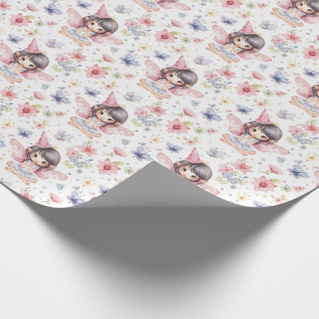 Cute Fairy in Birthday Hat, Flowers, Butterflies Wrapping Paper (Corner)