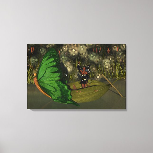 Cute Fairy in Boat with Fireflies Canvas Print (Front)