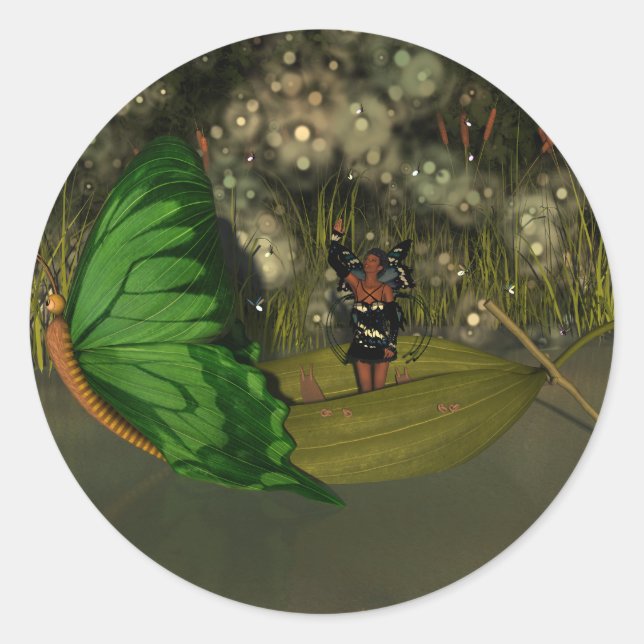 Cute Fairy in Boat with Fireflies Classic Round Sticker (Front)
