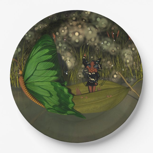 Cute Fairy in Boat with Fireflies Paper Plate (Front)
