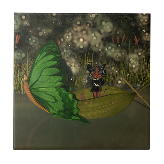 Cute Fairy in Boat with Fireflies Tile (Front)