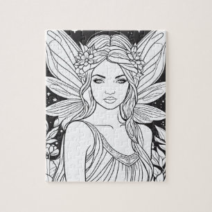 Cute Fairy in Forest Black & White Coloring Jigsaw Puzzle