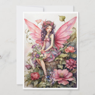 Cute Fairy in Pink Meadow of Flowers Invitation