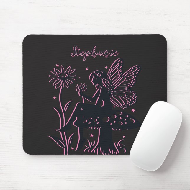 Cute Fairy Mushroom and Flower Black & Pink Mouse Mat (With Mouse)