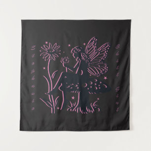 Cute Fairy Mushroom and Flower Black & Pink Tapestry