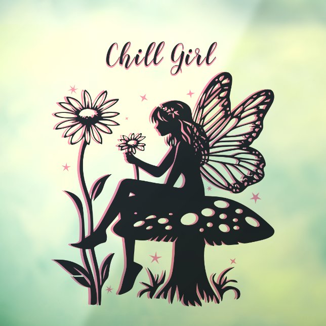 Cute Fairy Mushroom and Flower Black & Pink Window Cling (Sheet 3)