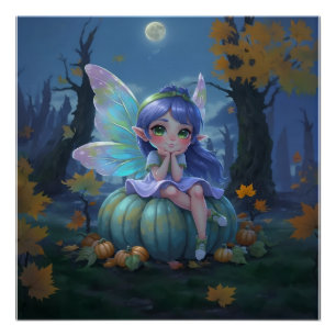 Cute Fairy on a Blue Pumpkin Poster