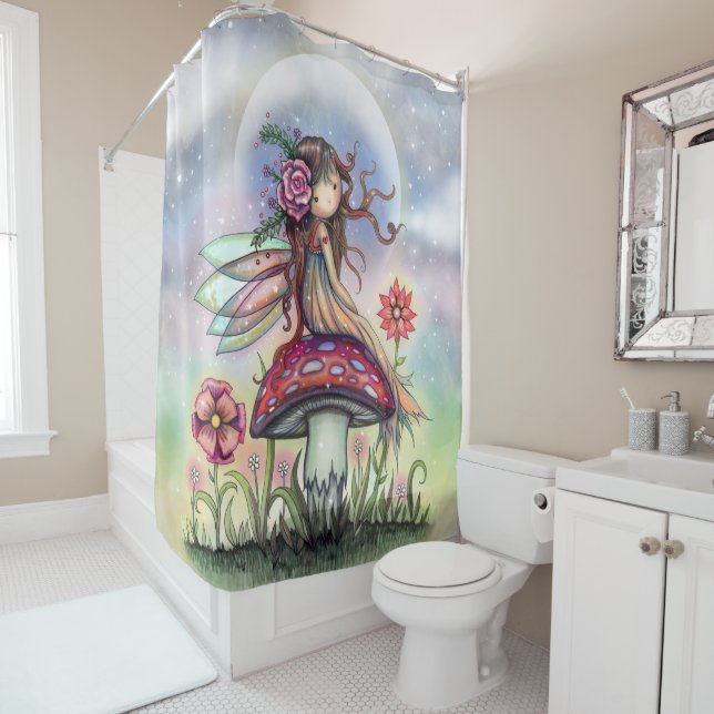 Cute Fairy on Mushroom and Full Moon Art Shower Curtain (In Situ)