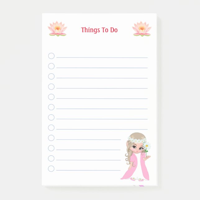 Cute Fairy & Pink Lotus Flowers Things To Do Notes (Front)