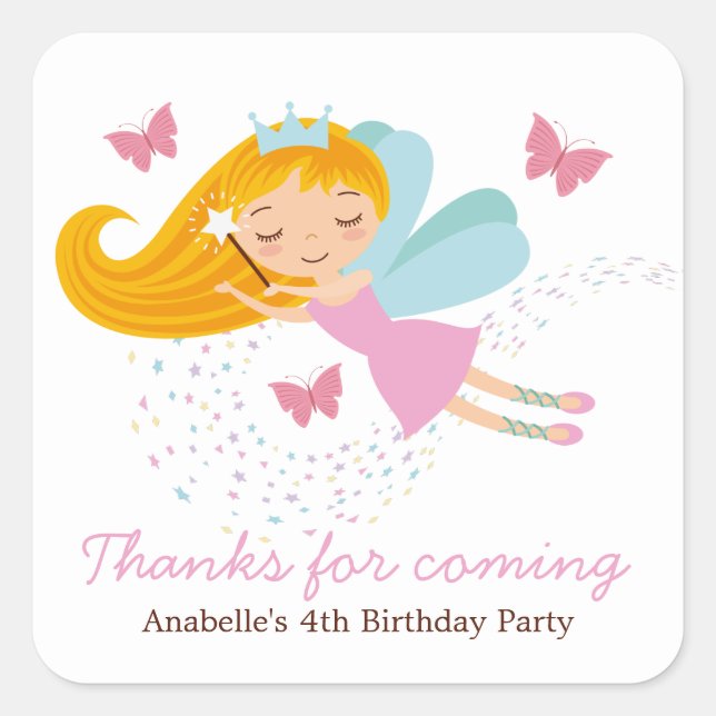 Cute Fairy Princess Girls Birthday Square Sticker (Front)
