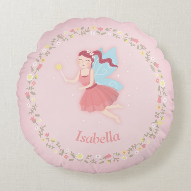 Cute Fairy Spring Floral Girls Room Personalised Round Cushion (Front)