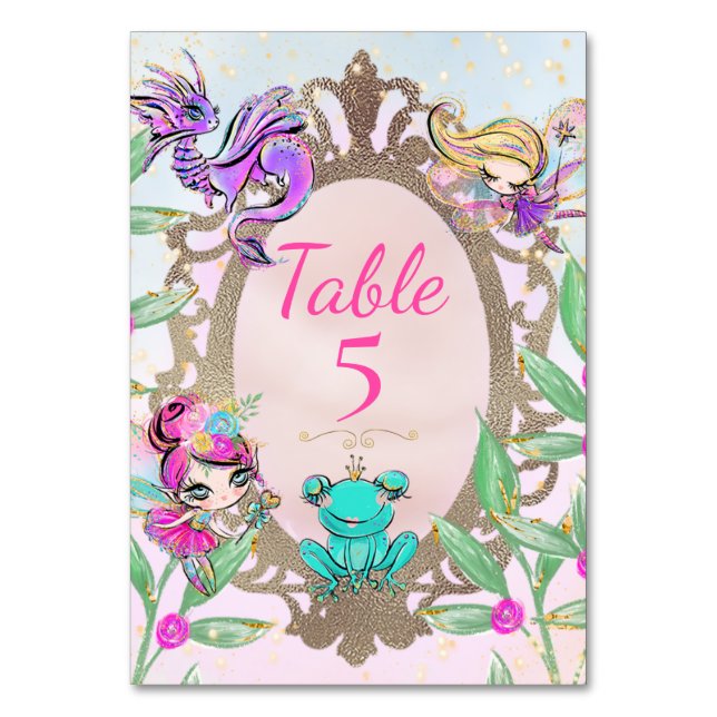 Cute Fairy Tale Garden Fairies with Gold Mirror Table Number (Front)