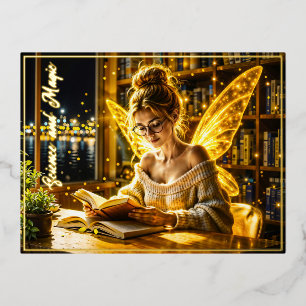 Cute fairy teen reading magical sparkles light foil holiday postcard
