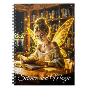 Cute fairy teen reading magical sparkles light notebook
