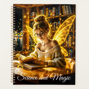 Cute fairy teen reading magical sparkles light planner