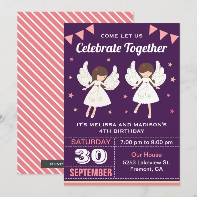 Cute Fairy Twin Girls Birthday Party Invitation (Front/Back)