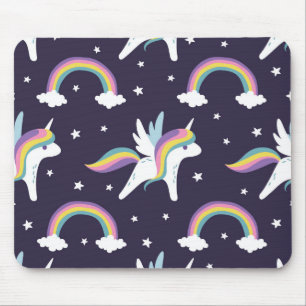 Cute Fairy Unicorn + rainbows blue background Mouse Mat