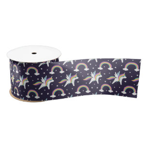 Cute Fairy Unicorn + rainbows blue background Satin Ribbon