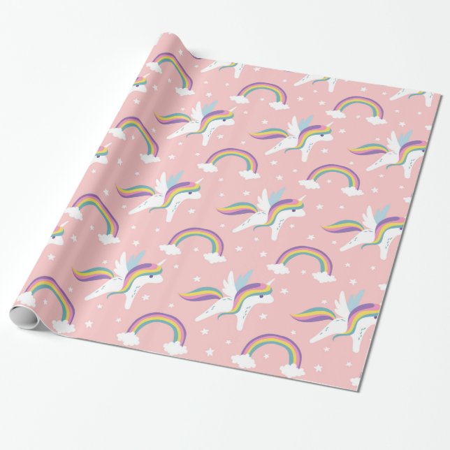 Cute Fairy Unicorn + rainbows pink background Wrapping Paper (Unrolled)
