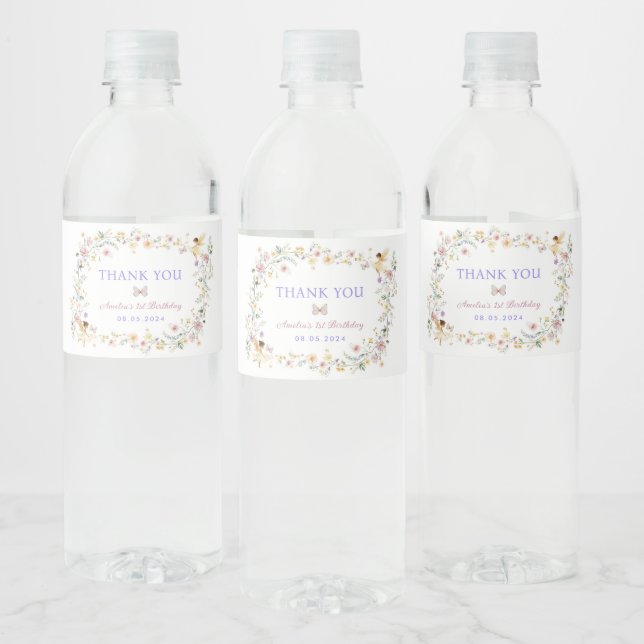 Cute Fairy Wildflower Wreath Birthday Favours Water Bottle Label (Bottles)