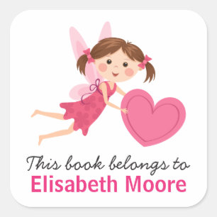 Cute fairy with pink heart kids bookplate book square sticker