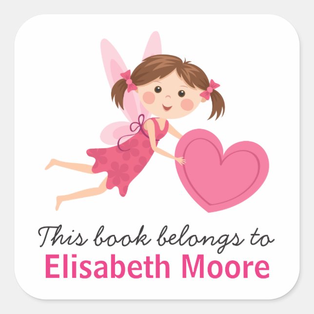 Cute fairy with pink heart kids bookplate book square sticker (Front)