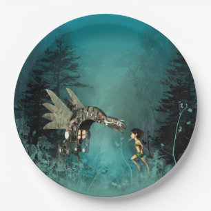 Cute fairy with steam dragon in a fantasy forest paper plate