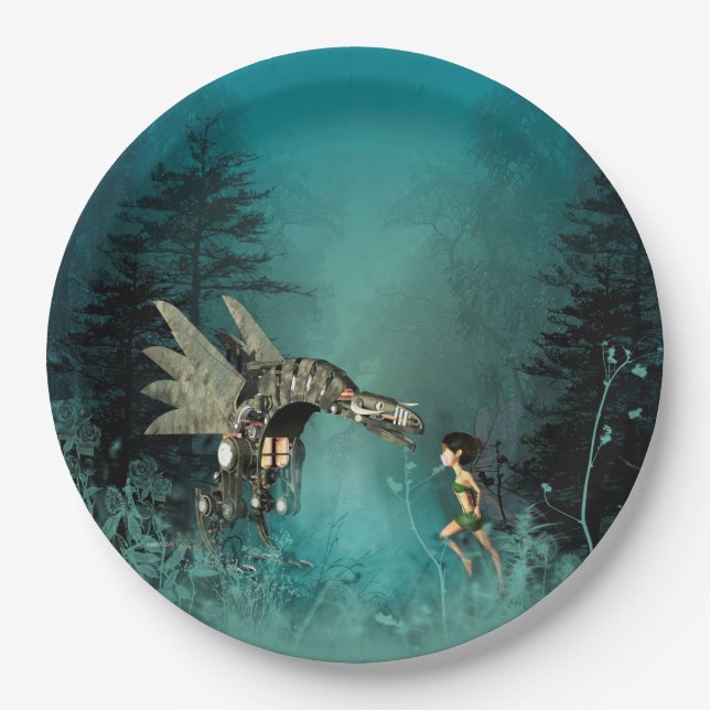 Cute fairy with steam dragon in a fantasy forest paper plate (Front)