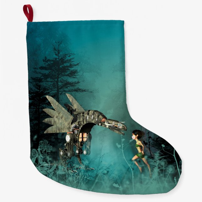Cute fairy with steam dragon large christmas stocking (Front)