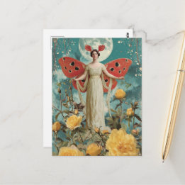 Cute Fairy With Yellow Roses and the Moon Postcard
