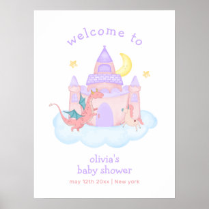 Cute Fairytale Dragon Unicorn Baby Shower Welcome  Poster