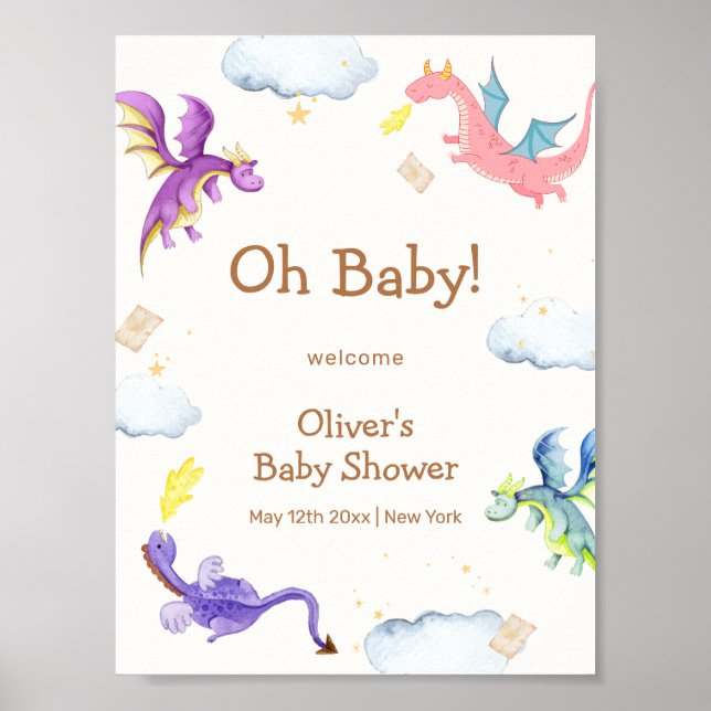 Cute Fairytale Magic Dragon Baby Shower Welcome Poster (Front)
