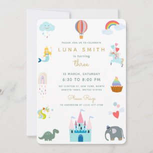 Cute Fairytale Princess Dragon Colourful Birthday Invitation