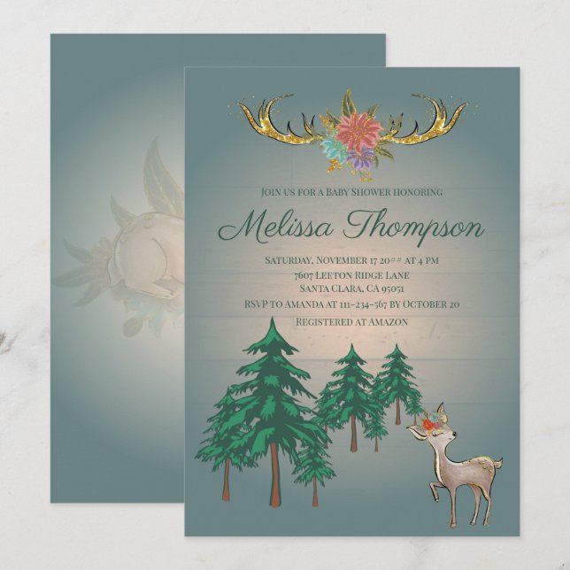 Cute Fairytale Woodland Deer Animals Baby Shower  Invitation (Front/Back)